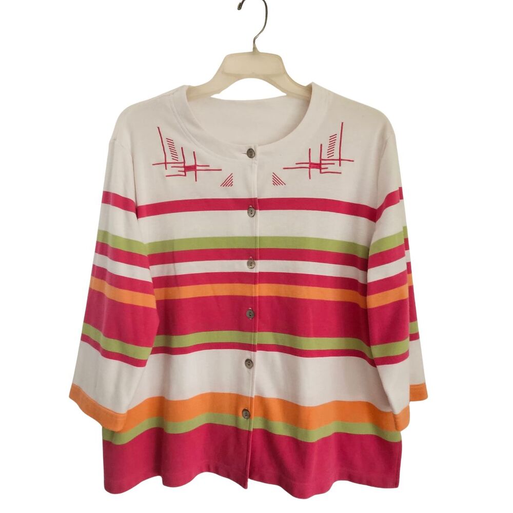 Links Cardigan Sweater Womens XL White Pink Multicolor Stripes 3/4 Sleeve
